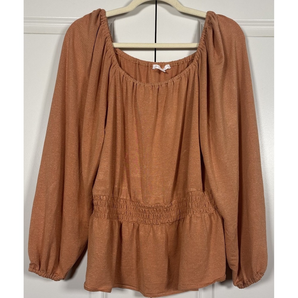 LC Lauren Conrad Womens Smock Waist Peplum Top Rust Brown Balloon Sleeve XL